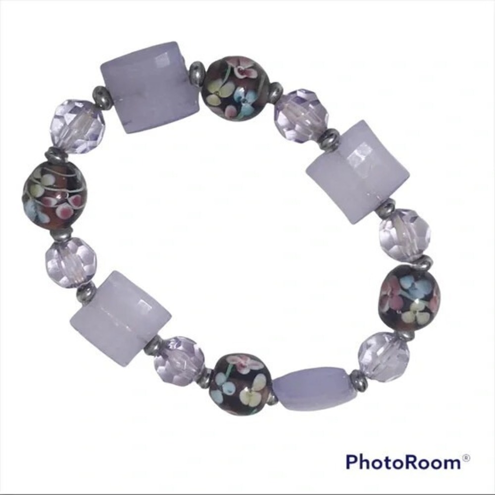 Lavender and Floral Art Glass Stretch Bracelet Beaded Vintage‎ Style Jewelry